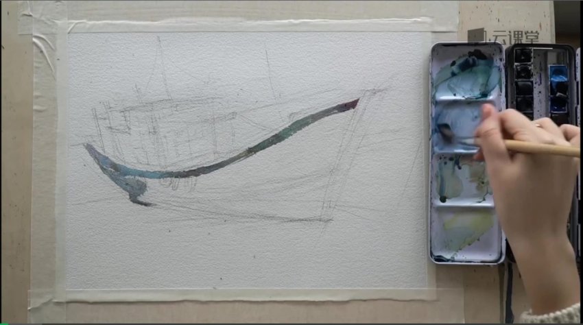 18节水彩风景教程：丛林猫沙滩列车旧船等场景绘制